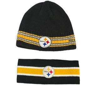 2 PIECE SET: Reebok NFL Pittsburgh Steelers Beanie Hat & Ear Warmer Headband